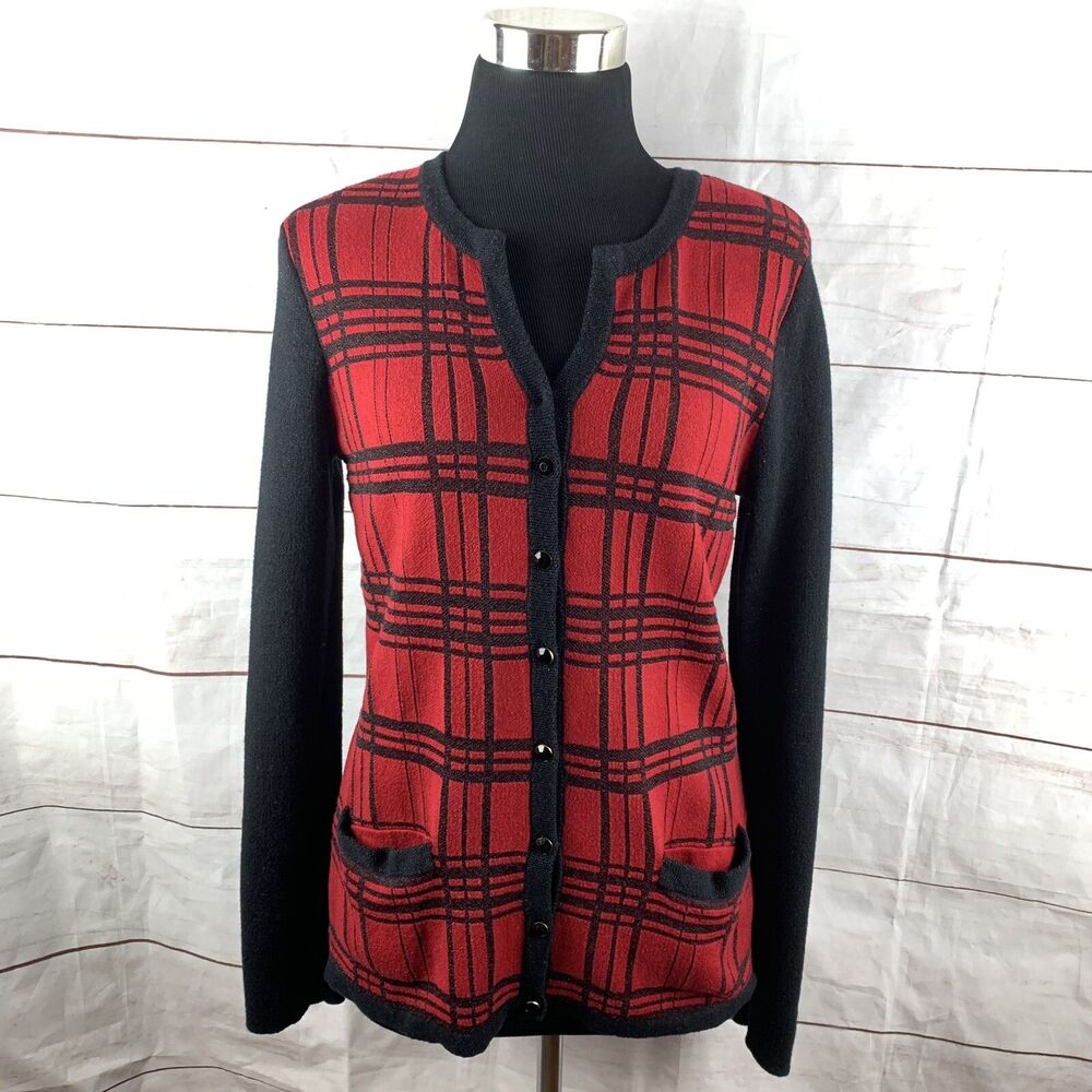 Jones New York Collection Plaid Cardigan sweater Red Black Medium Pocket Wool